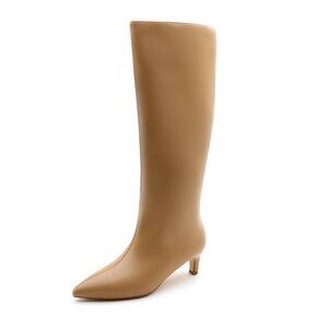 Lurnyet Women's Knee High Boots, Faux Leather Pointed Toe with 2 Inch Heel